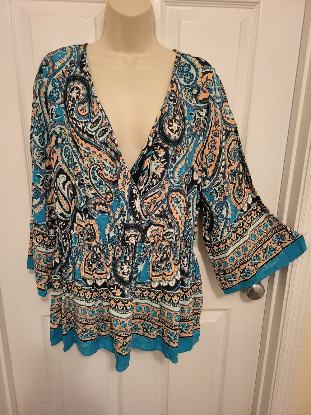 Cato Teal and Cream Paisley V-Neck Tunic